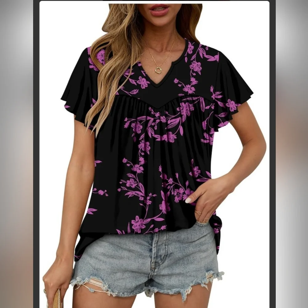 Black And Purple  Floral V-Neck Flutter Sleeve Top - Women's - Picture 2 of 3